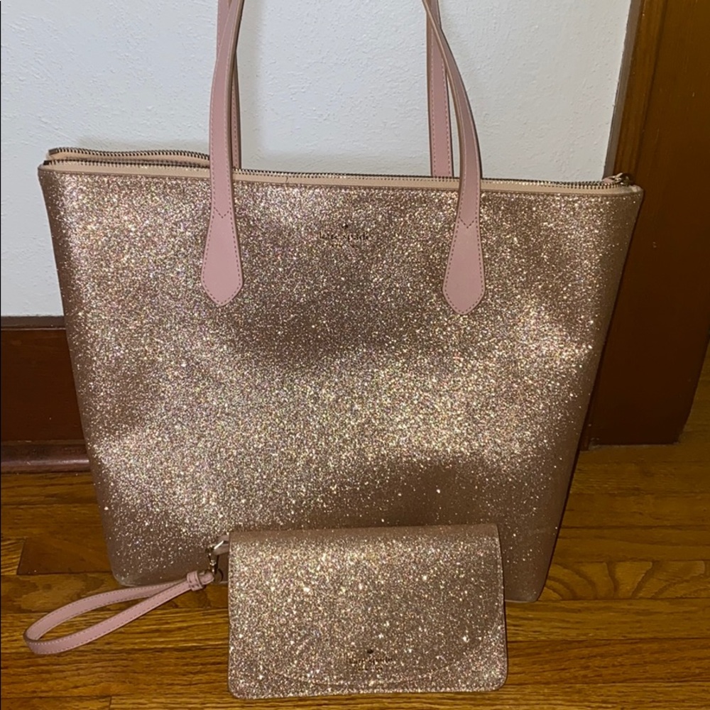 Kate Spade Rose Gold glitter tote and wristlet